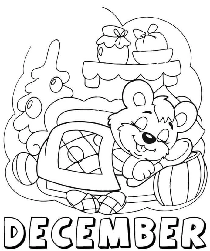 A teddy bear is sleeping sweetly in December coloring page